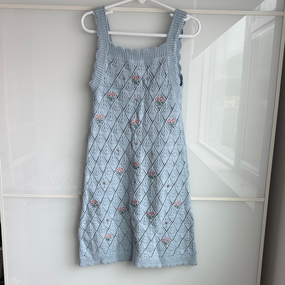 Zara Light Blue Kids Dress with Pink Floral Details 8-9y